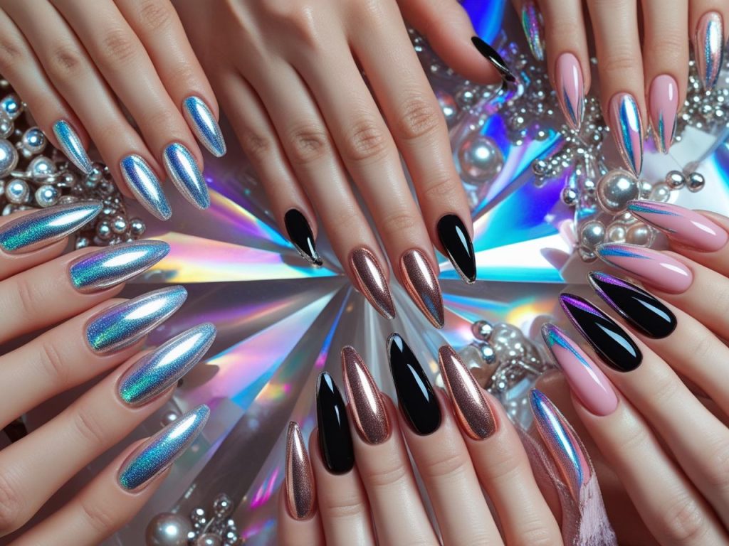 Top chrome French tip nail designs featuring silver edges, rose gold tips, black outlines, and holographic pink accents for Pinterest inspiration.