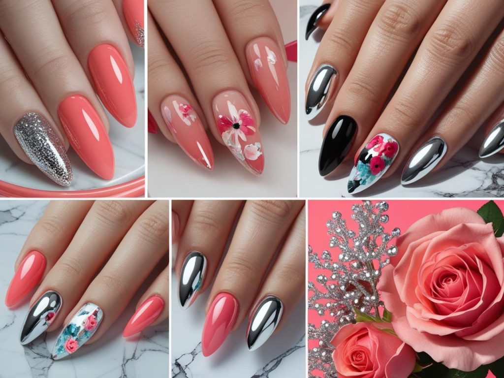 Top Hailey Bieber nail styles featuring glazed donuts, chrome tips, jelly accents, and floral chrome blends for Pinterest inspiration.