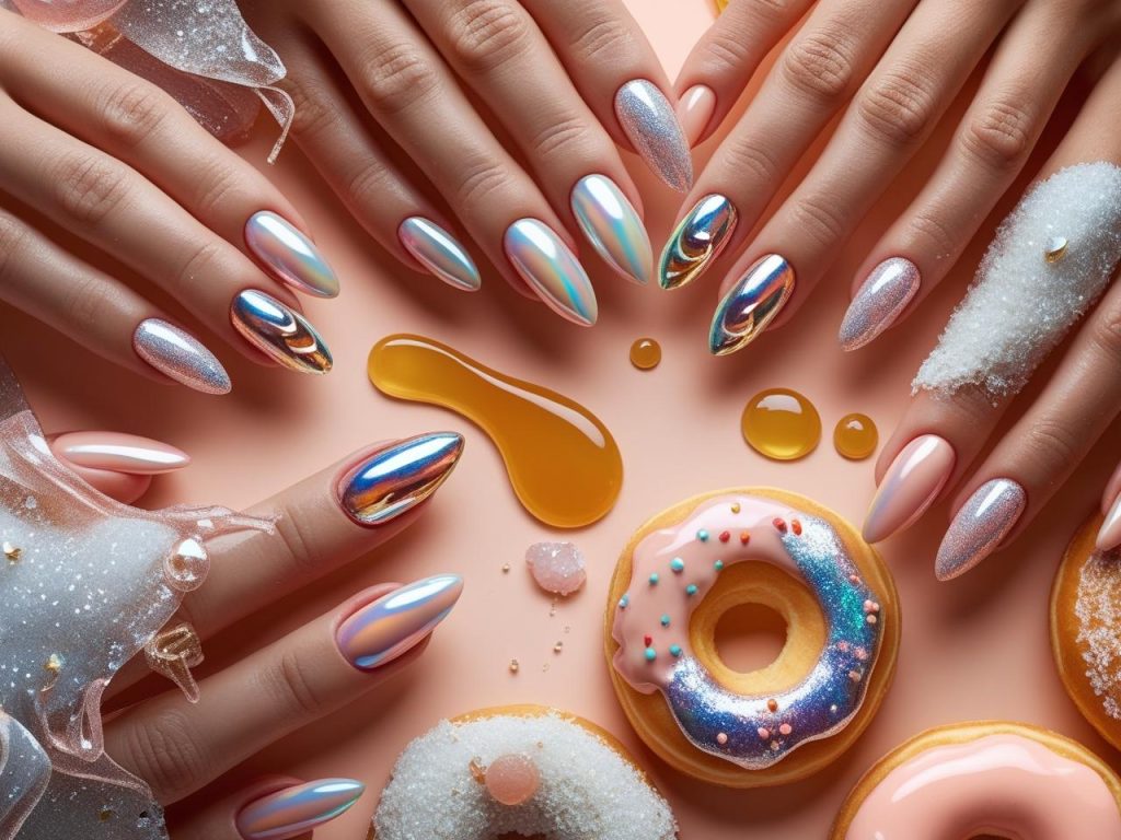Top glazed donut nail styles featuring pearlescent swirls, vanilla glaze tips, jelly layers, and cinnamon chrome accents for Pinterest inspiration