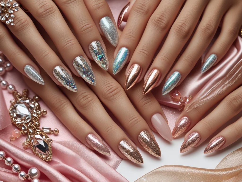 Top glitter French tip nail designs featuring silver, holographic, gold, and rose gold shimmer tips for Pinterest inspiration