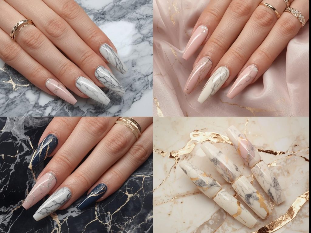  Top marble nail designs featuring white-gray, pink-gold, navy-silver, and beige-rose gold swirls for Pinterest inspiration.