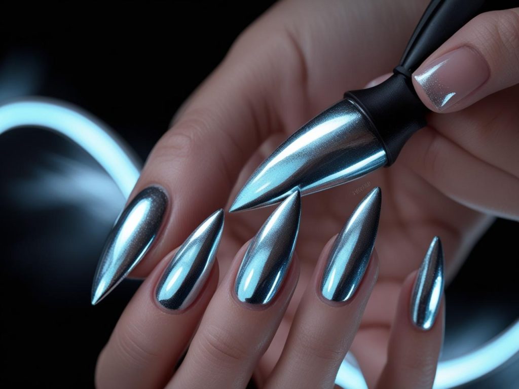 “Creating chrome metallic trending nail designs for inspiration.”