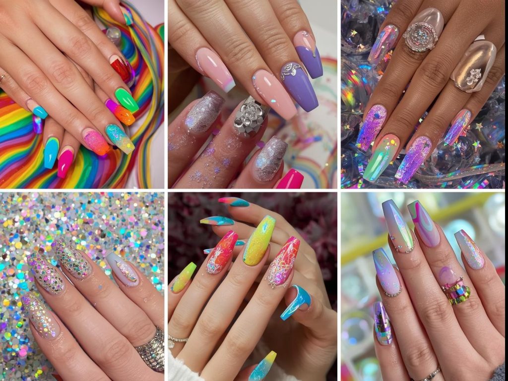 Top rainbow nail designs featuring full-spectrum stripes, pastel gradients, neon tips, and holographic accents for Pinterest inspiration.