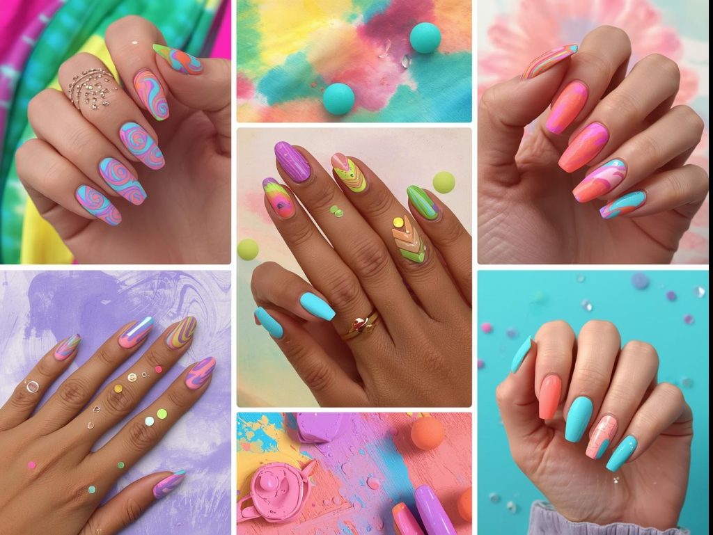 Top tie dye nail designs featuring neon pink-blue spirals, rainbow blends, pastel swirls, and orange-turquoise patterns for Pinterest inspiration.