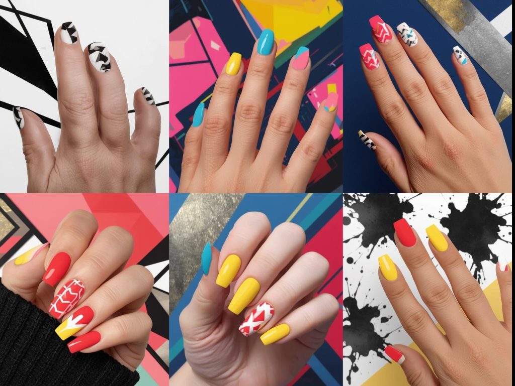 Top geometric nail designs featuring black-white triangles, neon chevrons, gold-navy grids, and red-yellow hexagons for Pinterest inspiration.