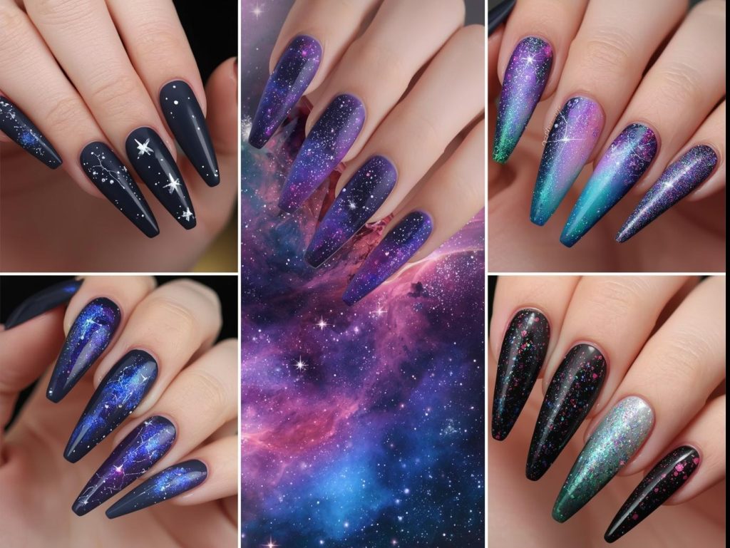 Top galaxy nail designs featuring silver star clusters, purple-pink nebula swirls, blue-green aurora effects, and holographic stardust for Pinterest inspiration.