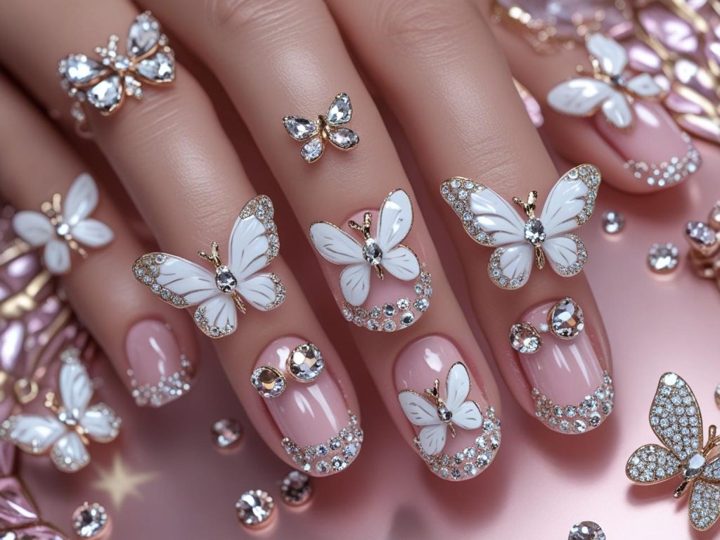 Butterfly Nail Designs 2025: Whimsical and Elegant Trends for Stunning Manicures 12 “Gemstone butterfly nail designs with clear gemstone accents for 2025.”