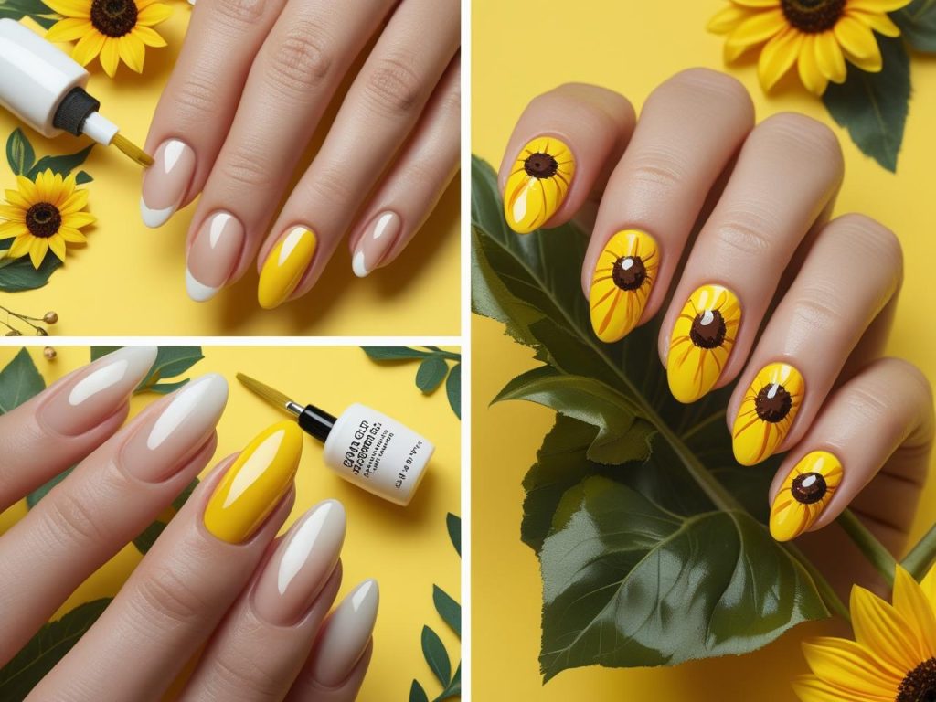 Sunflower Nails 2025: Vibrant and Cheerful Trends for Stunning Manicures 5 “DIY classic sunflower nail tutorial for 2025 trends.”