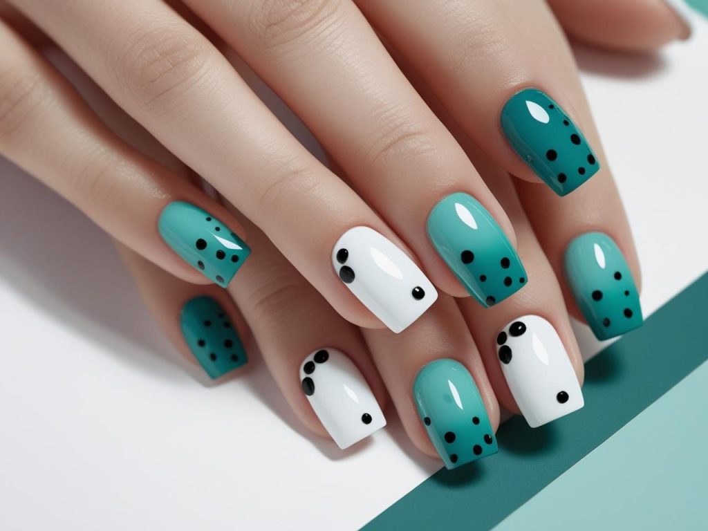  “Ombre dot DIY nail art designs with teal-to-white gradient and black dots.”


