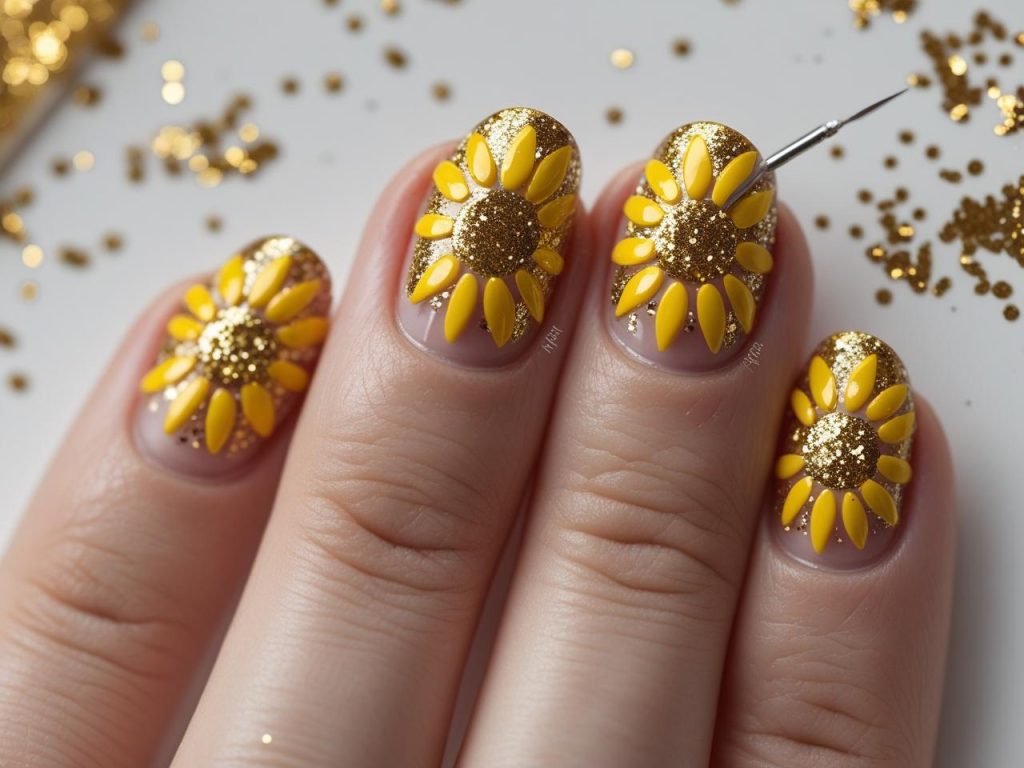 Sunflower Nails 2025: Vibrant and Cheerful Trends for Stunning Manicures 7 “Creating glitter sunflower nail designs for 2025 inspiration.”
