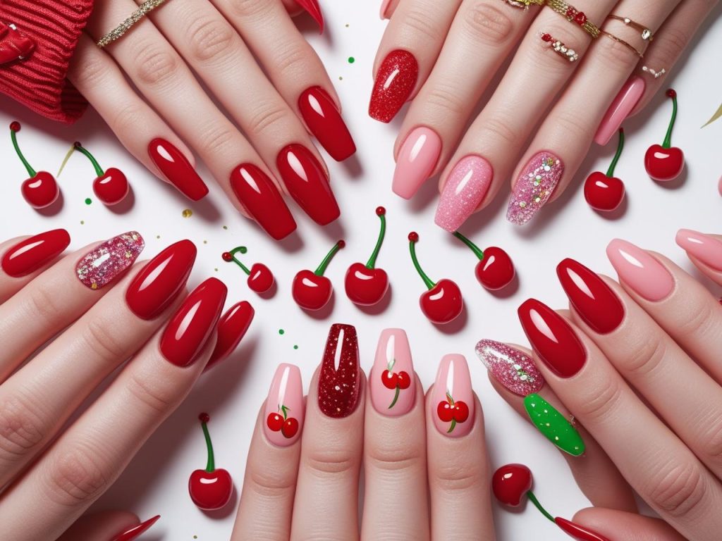 Cherry Nails 2025: Playful and Bold Trends for Stunning Manicures 2 “2025 cherry nails with classic, glitter, colored, and ombre fruit designs for Pinterest inspiration.”