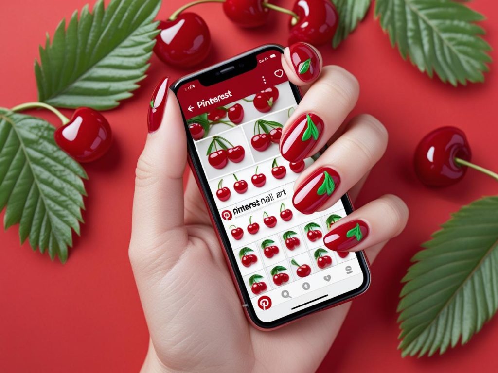 Cherry Nails 2025: Playful and Bold Trends for Stunning Manicures 3 “Classic cherry nails with red cherries on a Pinterest board, showcasing 2025 cherry nail trends.”