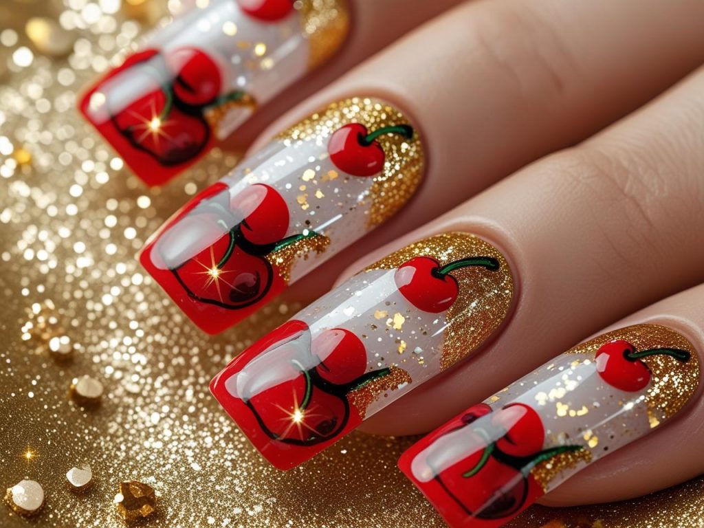 Cherry Nails 2025: Playful and Bold Trends for Stunning Manicures 6 Glitter cherry nail designs with gold glitter accents for 2025.
