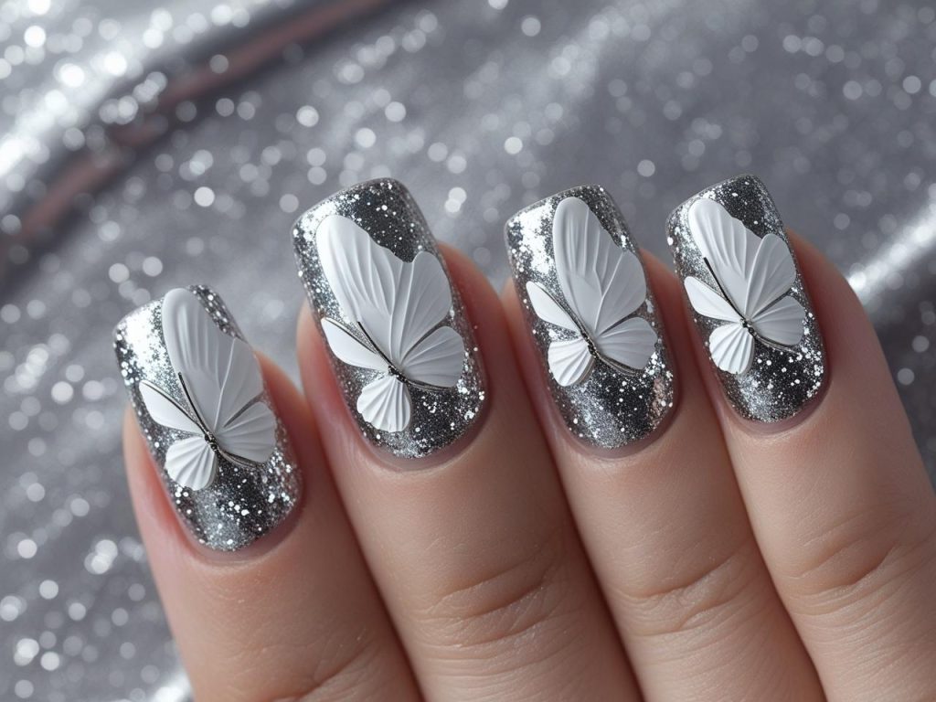 Butterfly Nail Designs 2025: Whimsical and Elegant Trends for Stunning Manicures 6 “Glitter butterfly nail designs with silver glitter accents for 2025.”