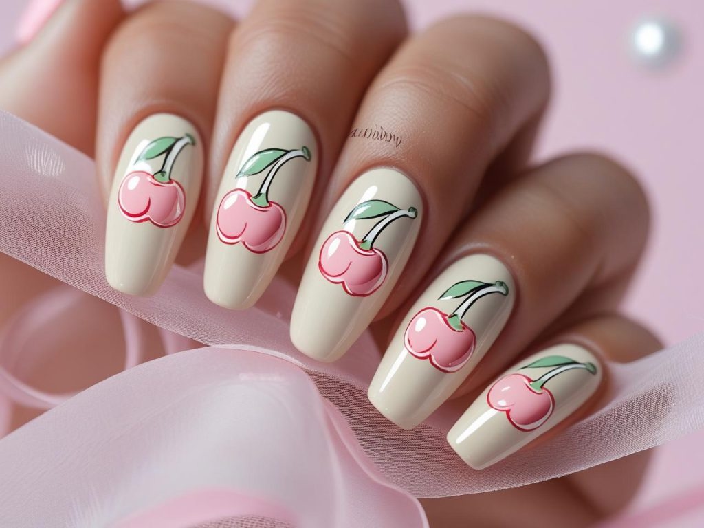 Cherry Nails 2025: Playful and Bold Trends for Stunning Manicures 8 “Colored cherry nail designs with pastel pink cherries for 2025.”