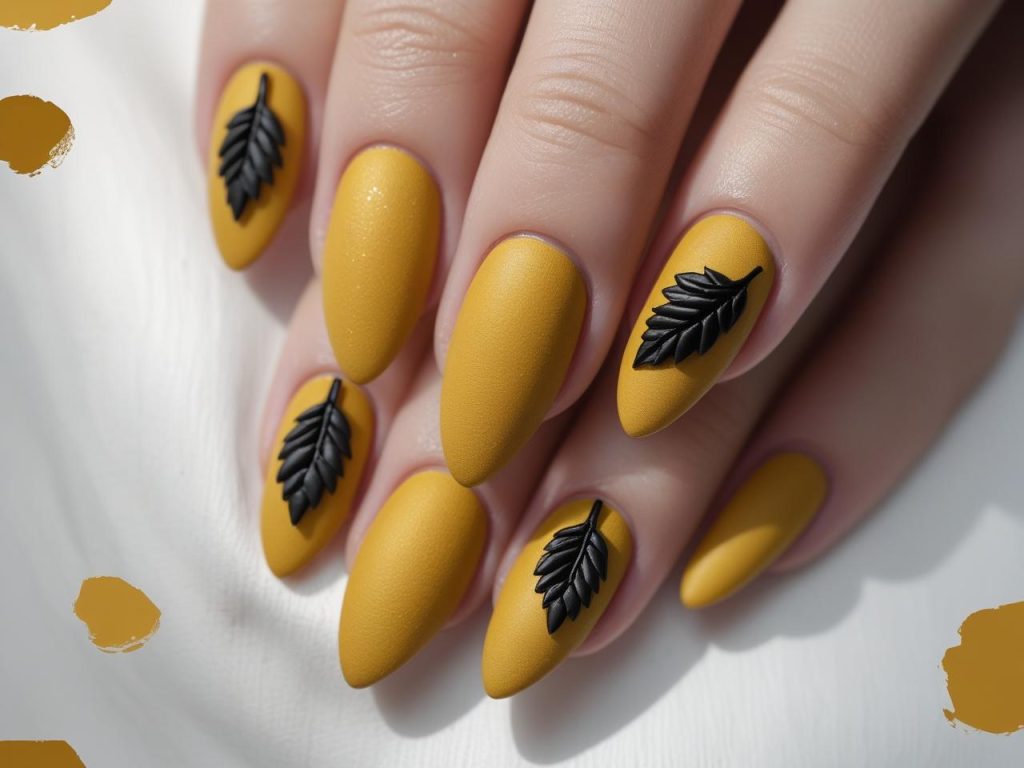 “Matte spice fall nail inspo designs with black leaf accents on mustard yellow.”