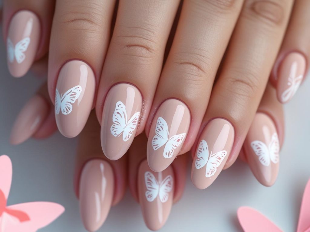 Butterfly Nail Designs 2025: Whimsical and Elegant Trends for Stunning Manicures 8 “Colored butterfly nail designs with pastel pink wings for 2025.”