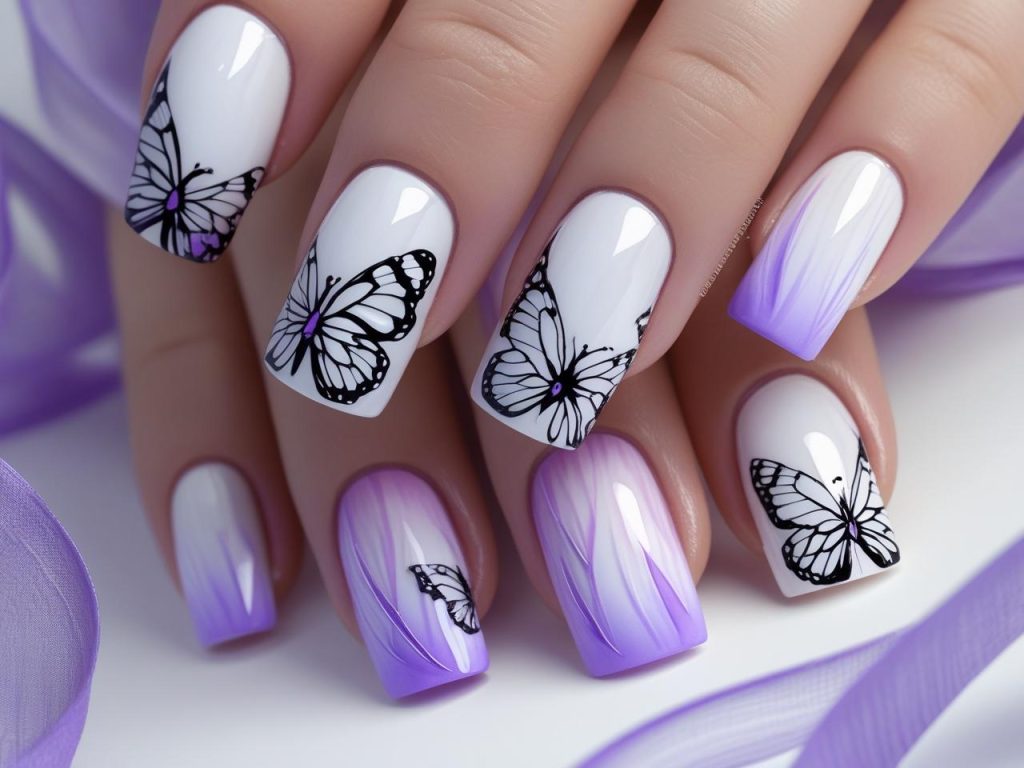 Butterfly Nail Designs 2025: Whimsical and Elegant Trends for Stunning Manicures 10 “Ombre butterfly nail designs with lavender-to-white gradient and wings for 2025.”