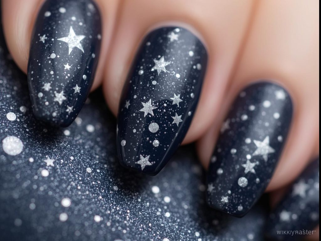  Midnight blue with white star speckle galaxy nails with delicate stars.