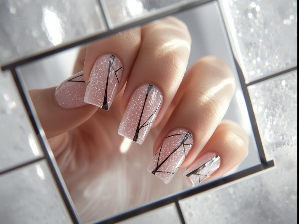  Clear base with black geometric line negative space nails with sharp lines.