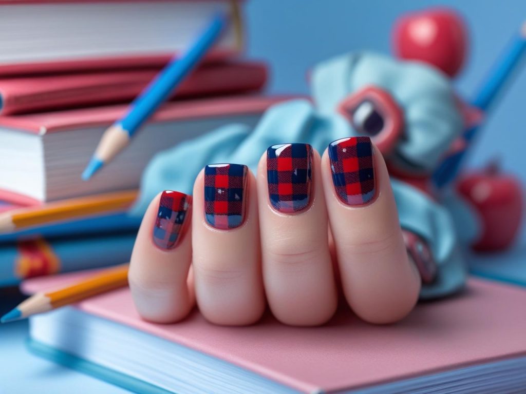 Plaid pattern back to school nail trends 2025 with red and navy print polish.