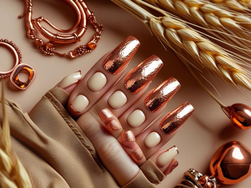  Shimmering copper foil tip autumn nail designs with metallic copper edges.