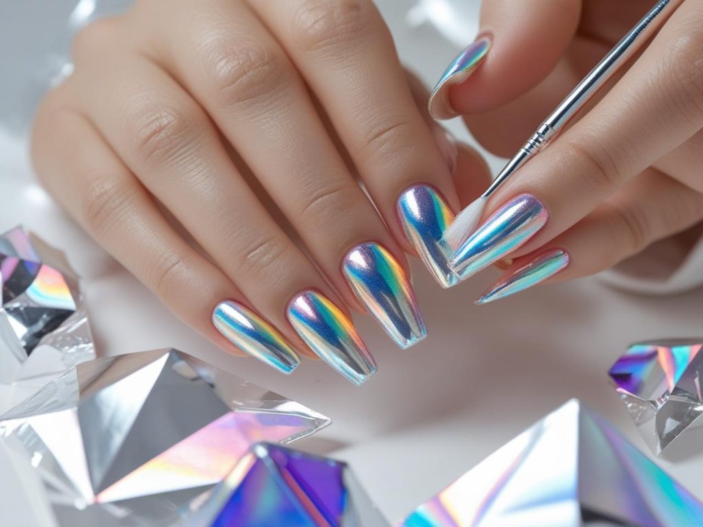 Iridescent silver edge chrome French tip nails with rainbow sheen tips.