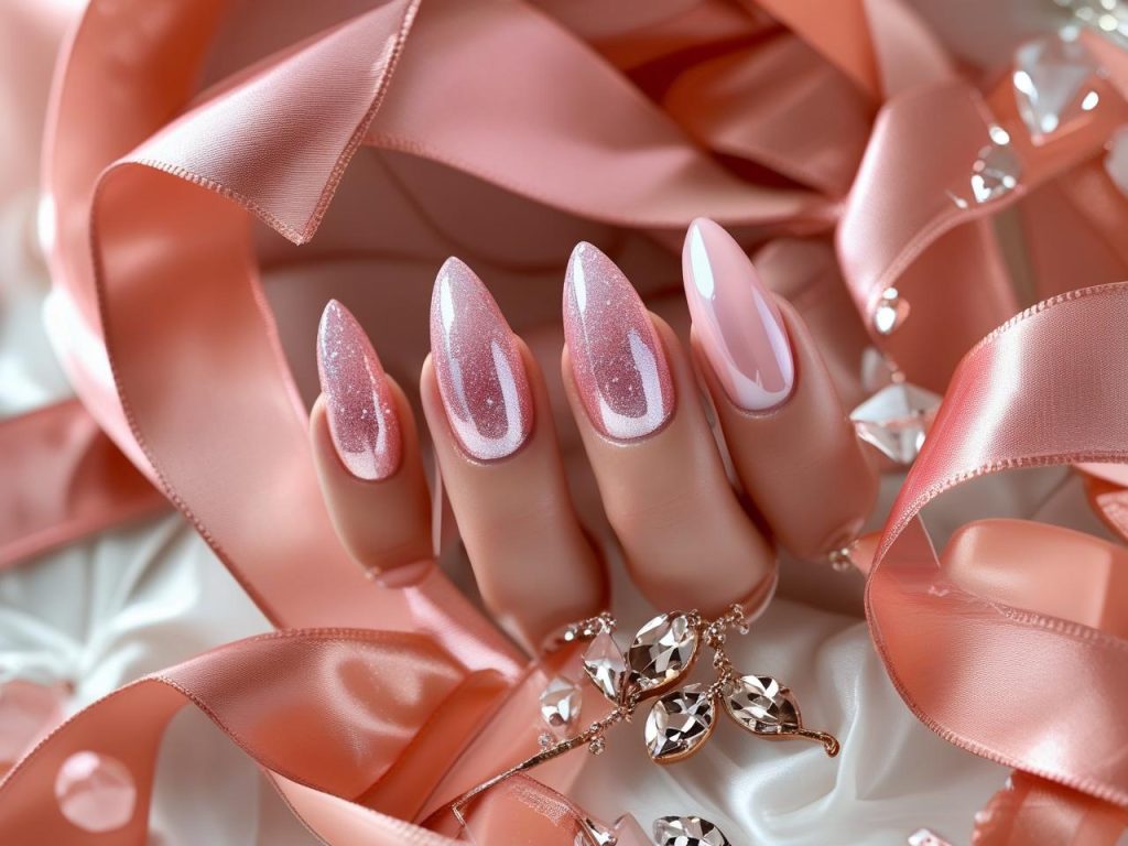 Glossy glazed donut Hailey Bieber nails with pearlescent pink polish