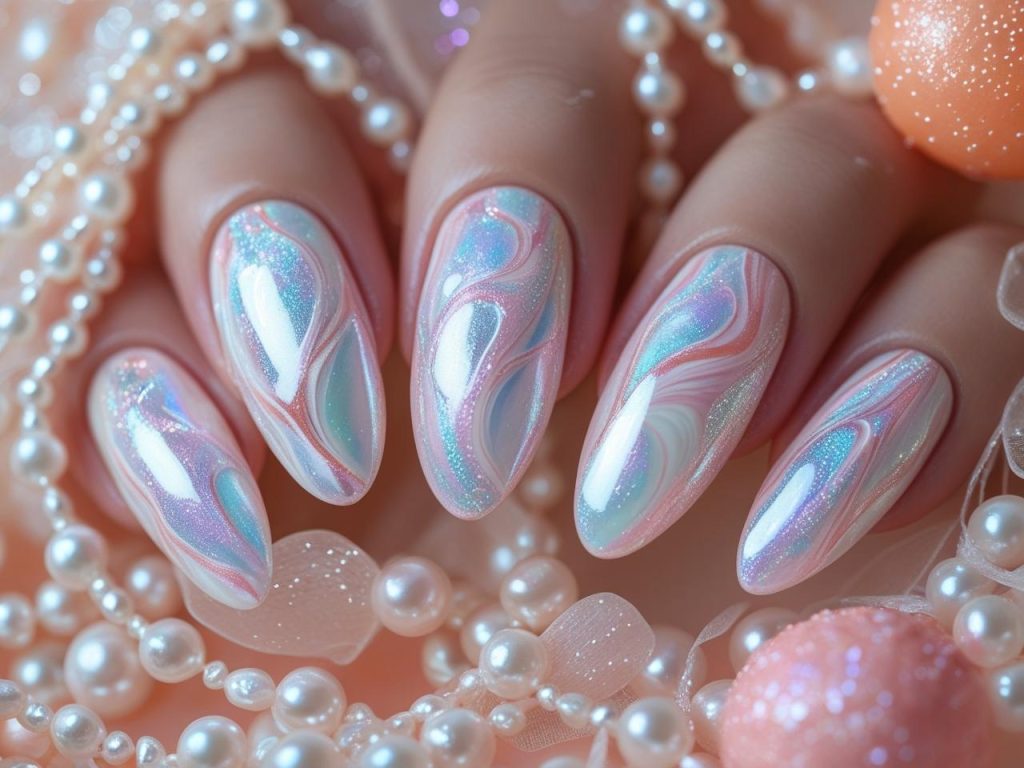 Shimmering pearlescent swirl glazed donut nails with iridescent pink and white swirls.