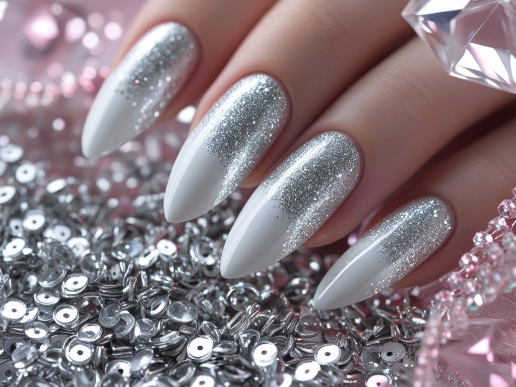 Shimmering silver glitter French tip nails with bold sparkle