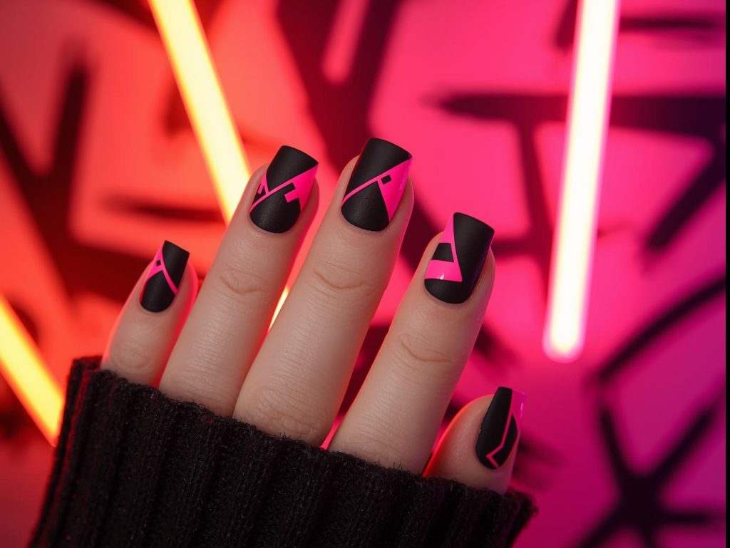 Abstract Nail Art: Bold and Pinterest-Worthy Manicures to Inspire 5 Bold geometric abstract nails with black and neon pink shapes.
