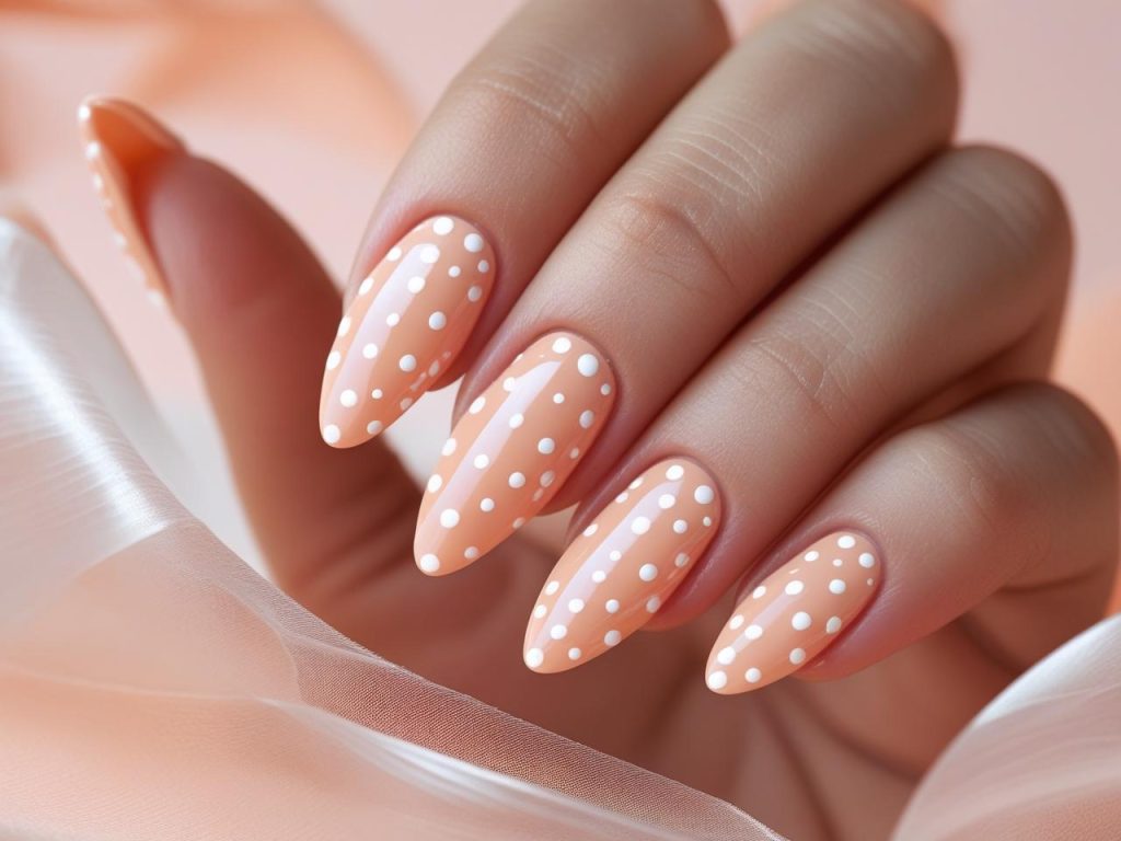  “Colored pastel summer nail designs with peach polish and white dots for 2025.”