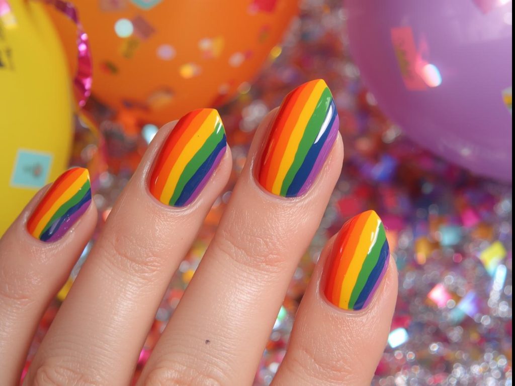 Bold full-spectrum rainbow stripe nails with vibrant colors