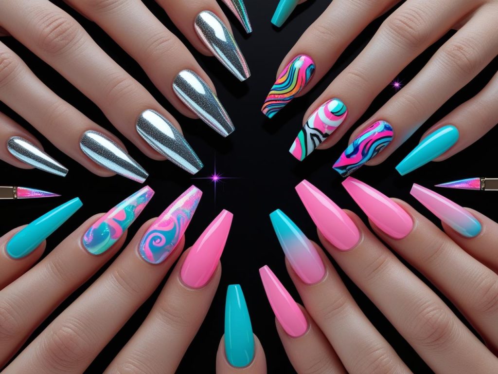 “Trending nail designs with chrome metallic, abstract art, micro French tips, and aura glow designs for Pinterest inspiration.”