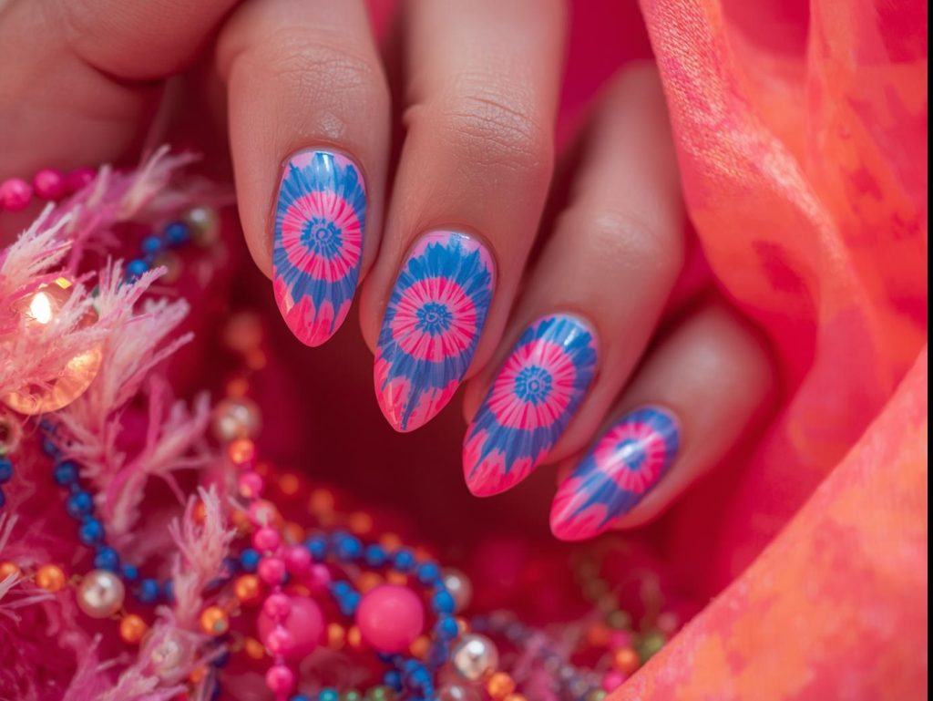  Neon pink and blue spiral tie dye nails with vibrant swirls.