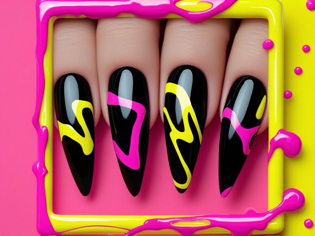 “Abstract art trending nail designs with neon squiggles on black.”