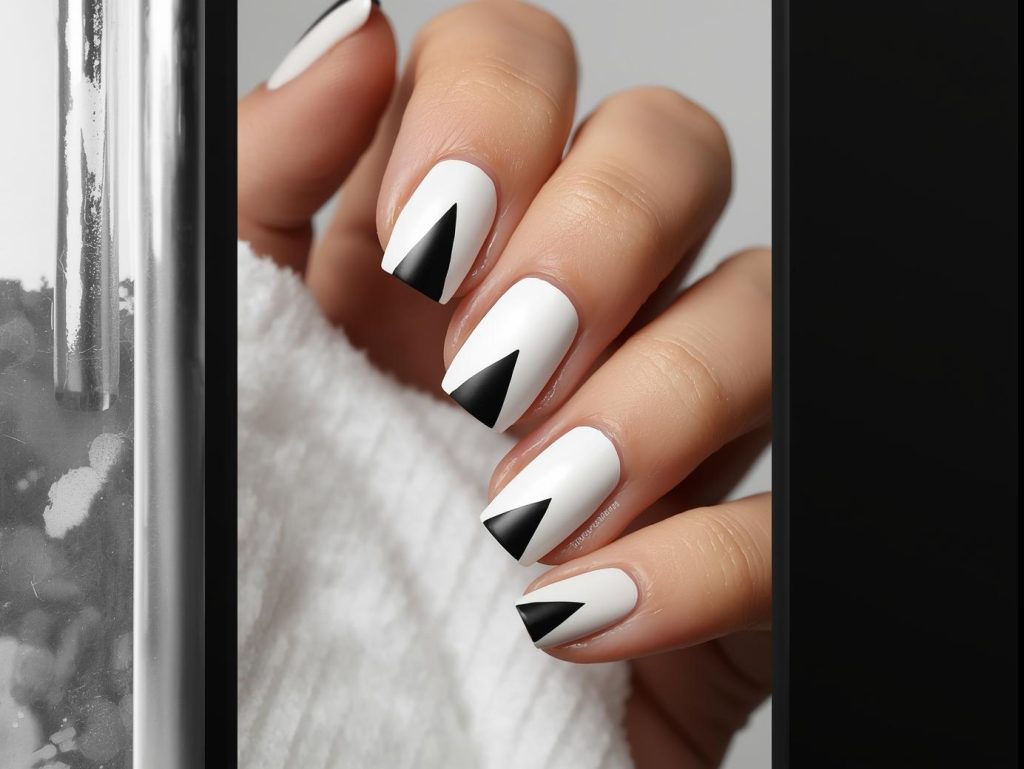 Sharp black and white triangle geometric nails with crisp patterns.