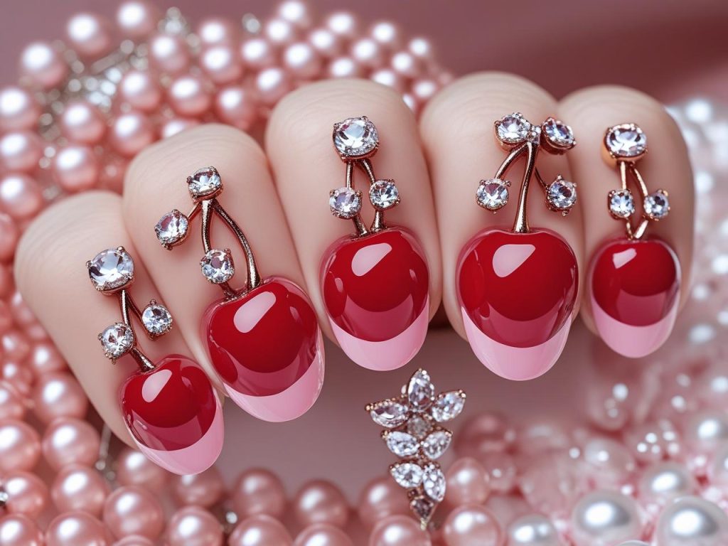 Cherry Nails 2025: Playful and Bold Trends for Stunning Manicures 12 “Gemstone cherry nail designs with clear gemstone accents for 2025.”