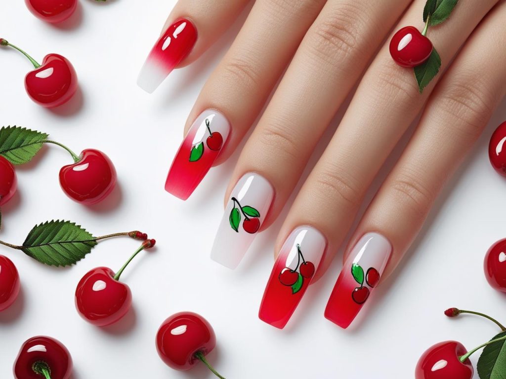 Cherry Nails 2025: Playful and Bold Trends for Stunning Manicures 10 “Ombre cherry nail designs with red-to-white gradient and cherries for 2025.”