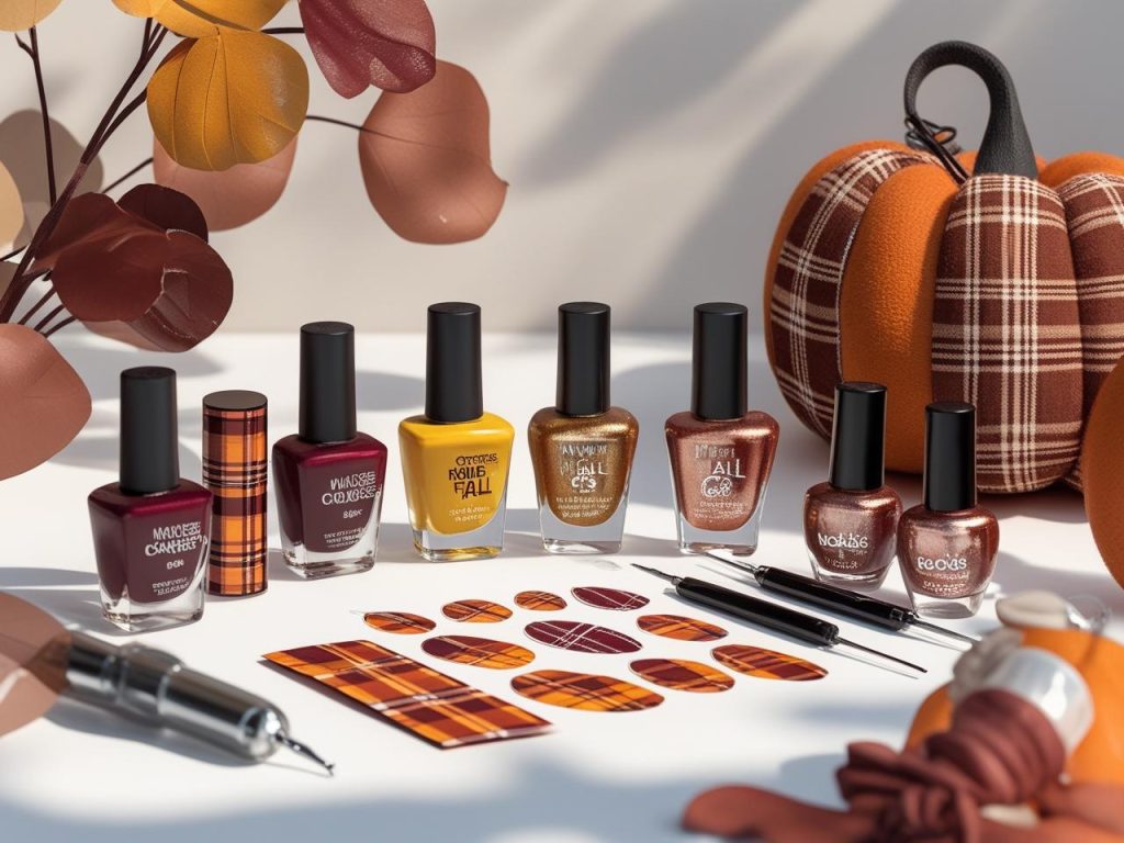 “Nail art kit with polish and tools for fall nail inspo designs.”