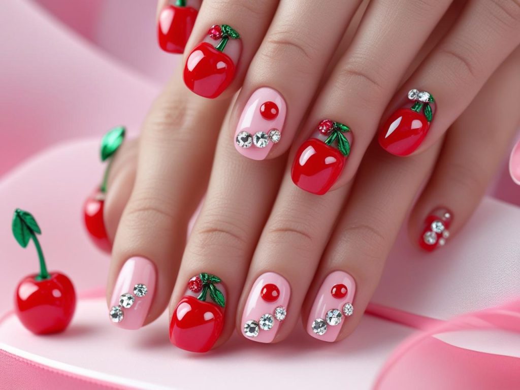 Cherry Nails 2025: Playful and Bold Trends for Stunning Manicures 13 “Creating gemstone cherry nail designs for 2025 inspiration.”