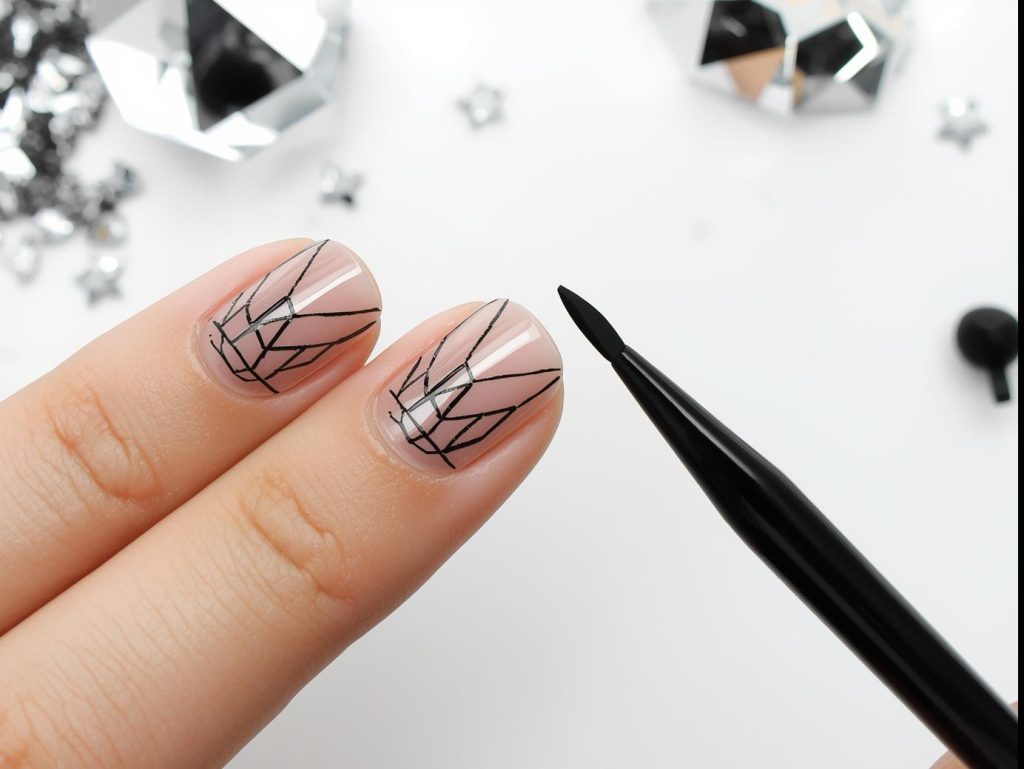 Creating clear base with black geometric line negative space nails with black polish.