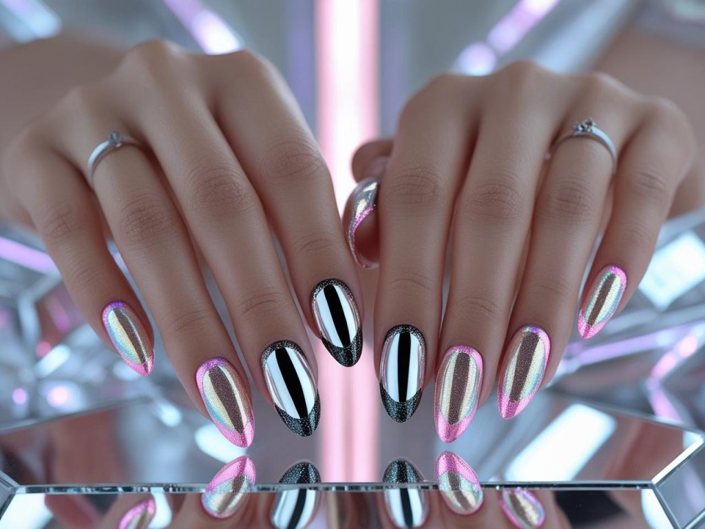  Chrome French tip nail designs with silver edges, rose gold tips, black outlines, and holographic pink accents for Pinterest inspiration.