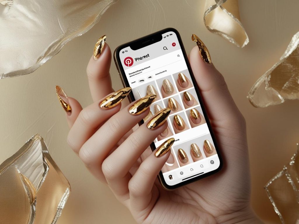 Gold foil round nails on a Pinterest board, showcasing 2025 gold nail trends.”