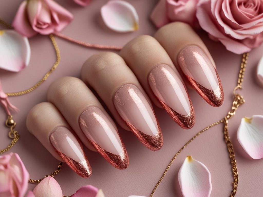 Rose gold shimmer tip chrome French tip nails with metallic rose gold edges