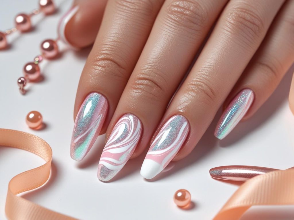 Creating shimmering pearlescent swirl glazed donut nails with iridescent polish.