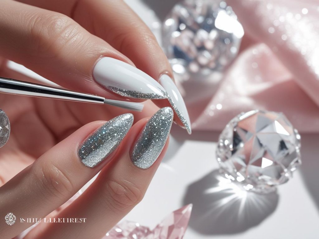 Creating shimmering silver glitter French tip nails with glitter polish.