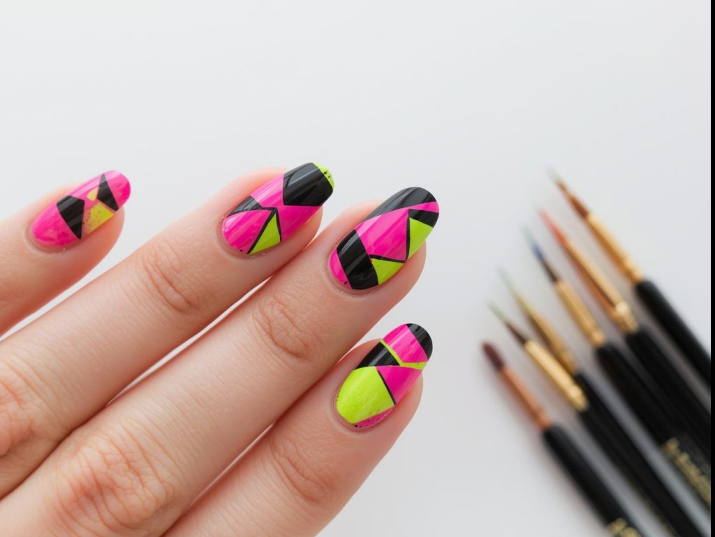 Abstract Nail Art: Bold and Pinterest-Worthy Manicures to Inspire 6 Creating bold geometric abstract nails with black and neon pink polish.