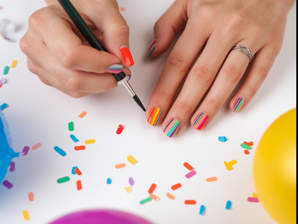 Creating bold full-spectrum rainbow stripe nails with taped polish.