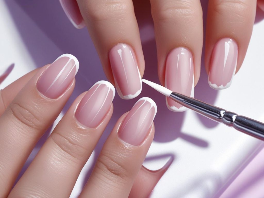 Creating micro French Instagram nail trends 2025 with thin white tips.